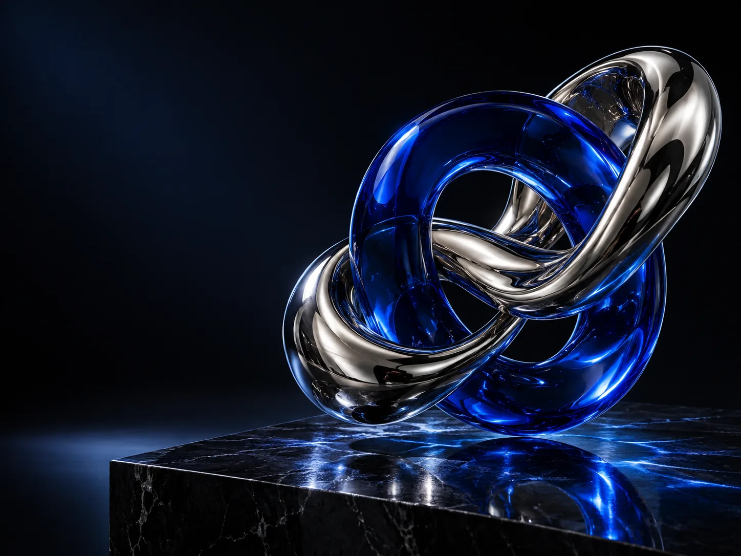 Fluid chrome sculpture interwoven with a cobalt glass ring